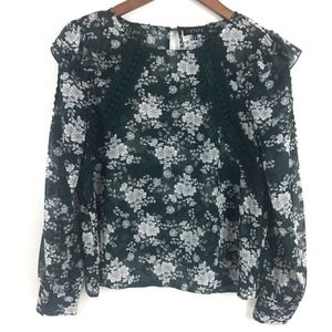 1.State Womens Top Small Green Floral Chiffon Blouse Long Sleeve Sheer Crochet